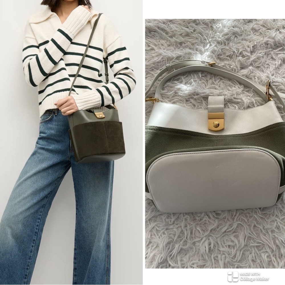 New Veronica Beard Small Suede Crest Lock Bucket Bag Green White